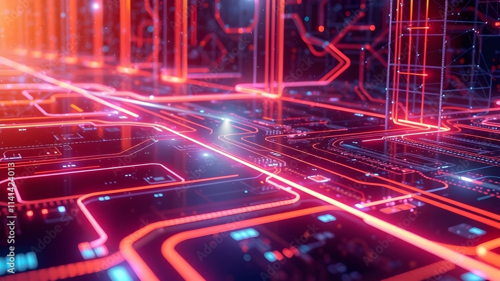 Poster futuristic cityscape with glowing lights and digital circuit patterns, representing technology, data