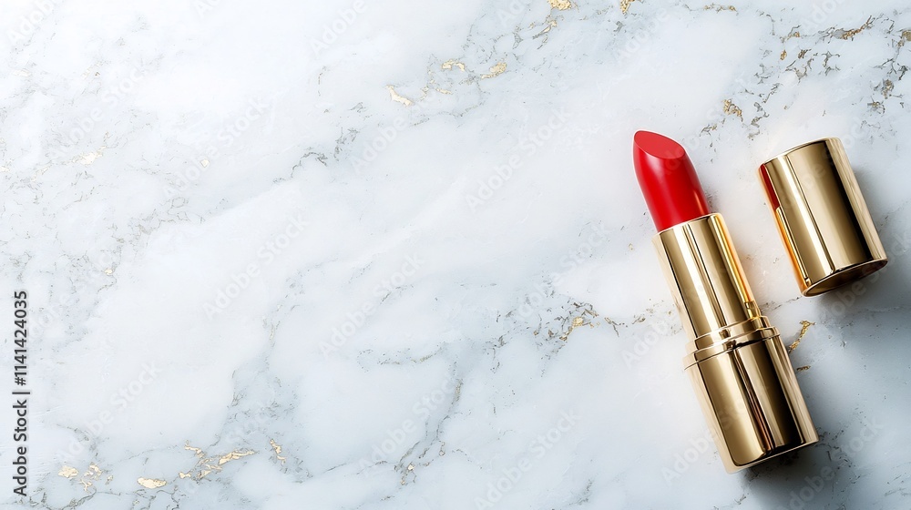 Poster elegant and luxurious still life featuring a red lipstick diagonally placed on a gleaming gold toppe