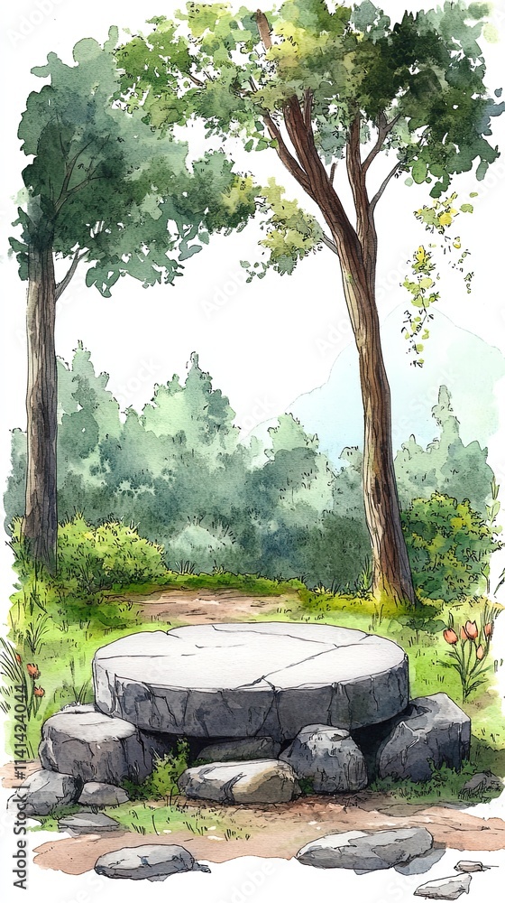 Poster a stone platform in a forest clearing with two trees and a winding path leading into the woods.