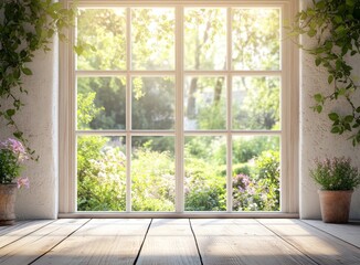 Obraz premium Sunny garden view through a large window with wooden floor.