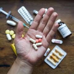 Man hand holding several type of medicine pills