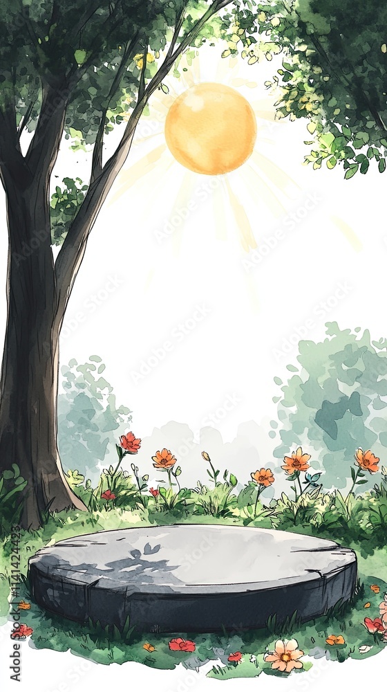 Poster a stone platform in a sunny forest clearing with a large tree on the left and a cluster of wildflowe