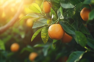 Ripe Oranges Glowing in the Sunlight on a Tree Branch