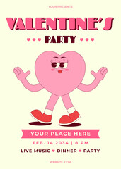 Retro Groovy Valentines Party Invitation. Lovely and cute walking heart character in retro groovy style. Love concept. Vector vertical banner, pink colors