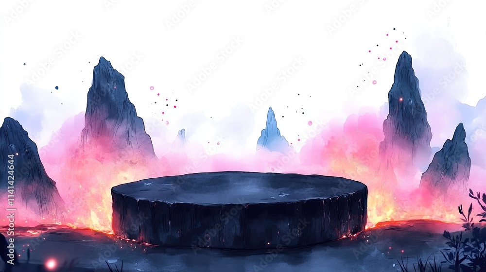 Poster a stone platform sits atop a flaming base with a misty mountain backdrop and floating pink dots.