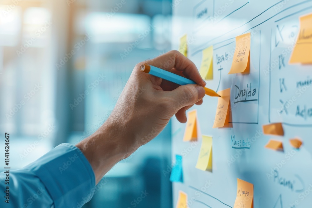 Poster a person writing on a whiteboard with colorful sticky notes, engaged in brainstorming or planning in