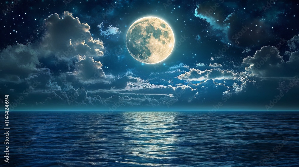 Wall mural romantic full moon illuminating starry sky with clouds reflecting on sparkling blue water