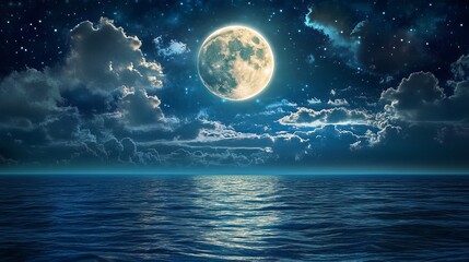 Romantic full moon illuminating starry sky with clouds reflecting on sparkling blue water