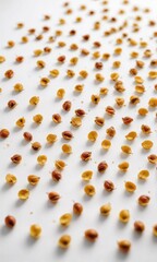 Small perilla seeds scattered on a clean white surface, seed details, botanical image, small seeds