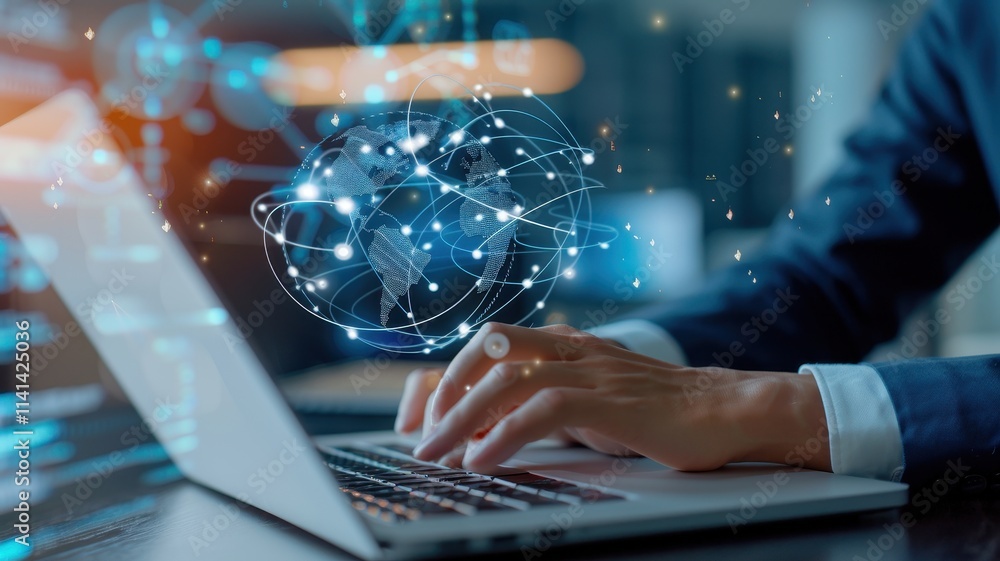 Poster a professional working on a laptop, with a digital network or ai visualization emerging from the dev