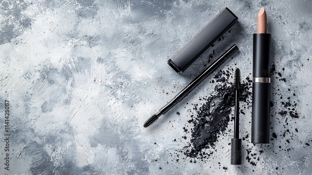Poster closeup of a sleek sophisticated liquid eyeliner pen with sharp precise strokes drawn beside it on a