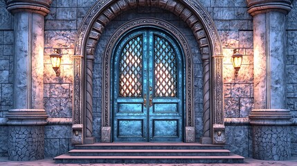 Obraz premium Ornate teal double doors in a stone archway at night.