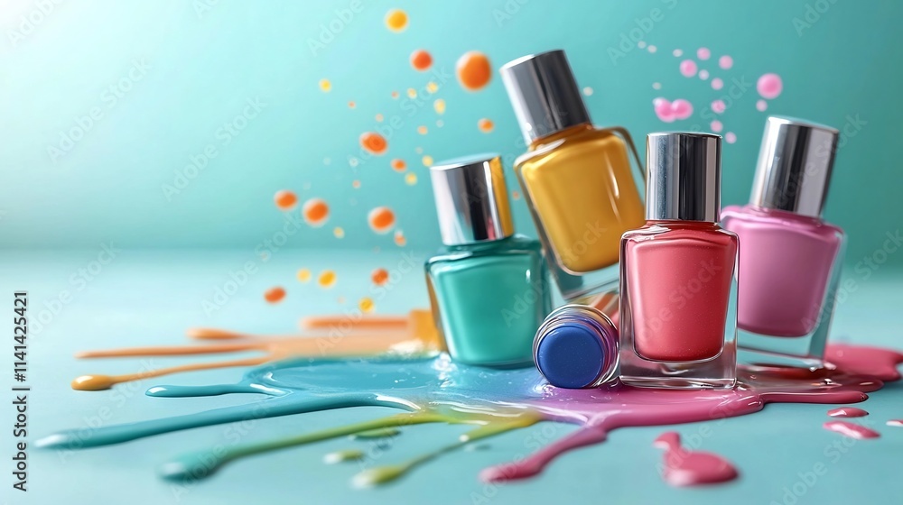 Aufkleber a clean and modern composition featuring multiple vibrant nail polish bottles spilled in small pools