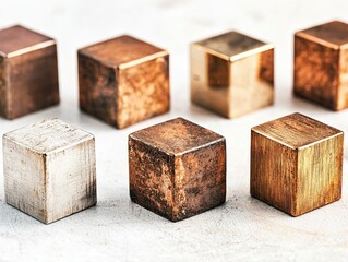 A close-up of metallic cubes in various finishes, showcasing their textures and colors against a neutral background.