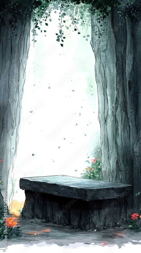 Poster a stone platform with a light illuminating the path ahead through a lush forest.