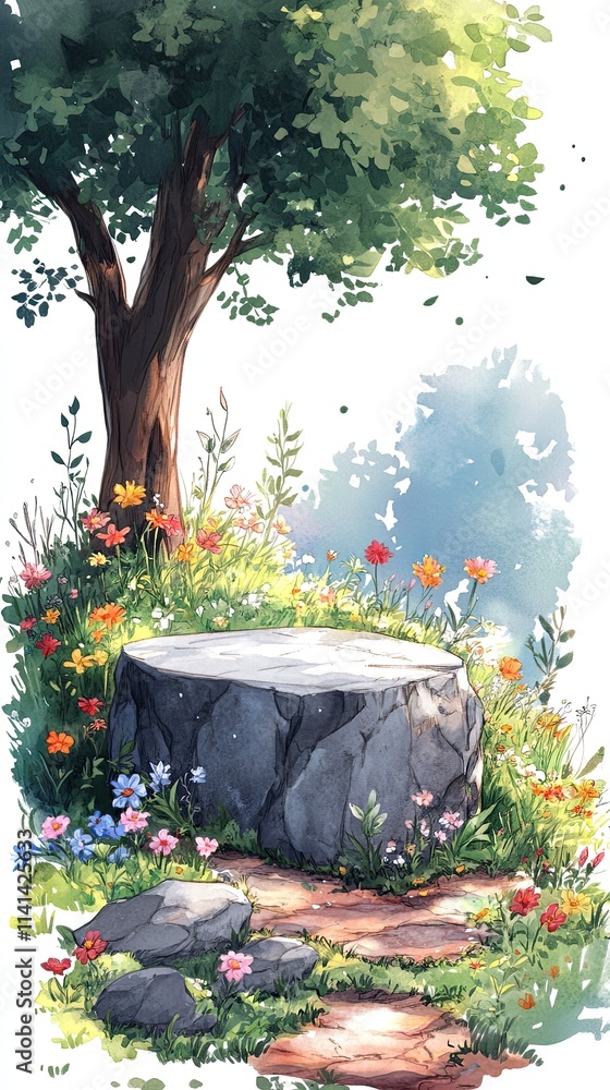 Aufkleber a stone platform with a tree in the background and a path leading to it, surrounded by a beautiful f