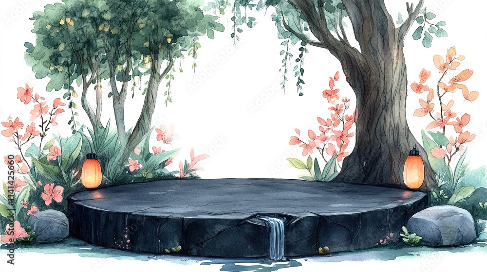 Poster a stone platform with a waterfall, surrounded by trees and flowers, with lanterns on each side.