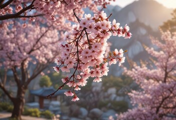 Soft focus blooming cherry blossoms in a serene Korean garden at dawn, blossoms, blossom tree, korean garden