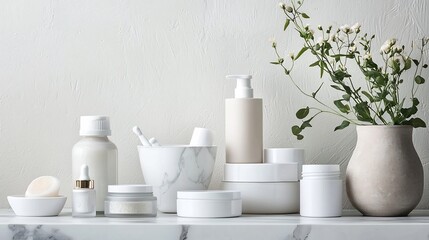 Minimalistic arrangement of skincare cream jars neatly stacked on a clean white marble surface  The simple yet elegant display showcases the natural organic cosmetic products in a calming