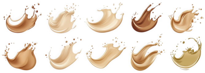 a set of 9 realistic liquid splashes isolated on a transparent background the splashes are in various shades of brown. beige. and yellow. and are perfect for use in beauty and cosmetics advertising. a