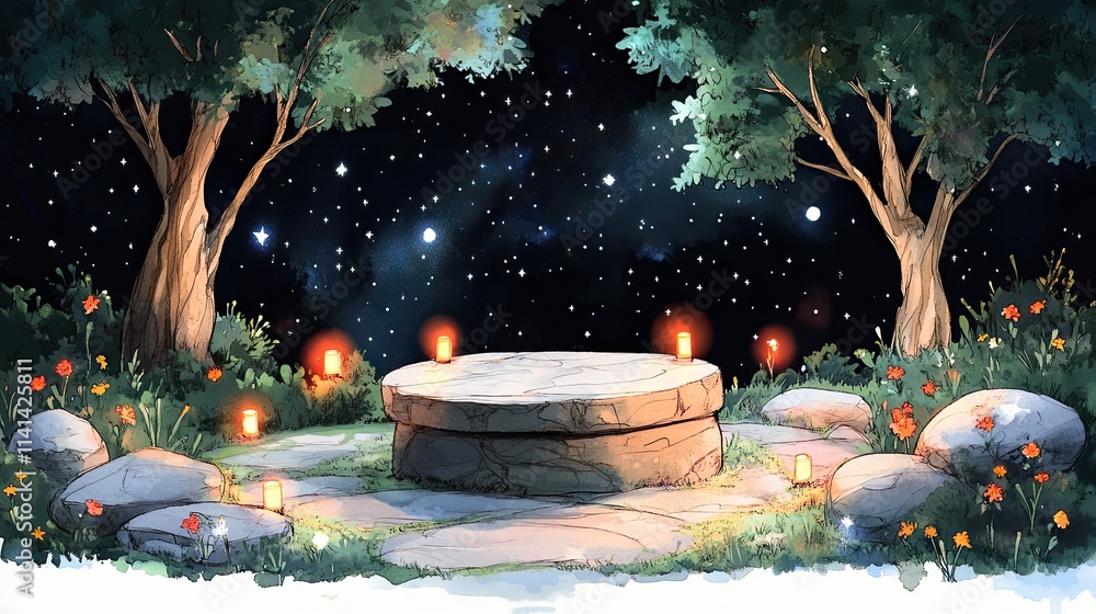 Poster a stone platform with lit candles sits in a clearing surrounded by trees and flowers under a starry 