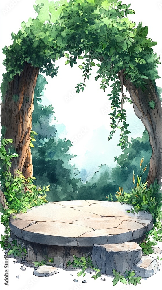 Poster a stone platform with an archway of leafy vines and trees in the background.