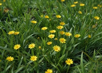 Fototapeta premium Soft green grass with a small yellow daisy in the center, garden, field