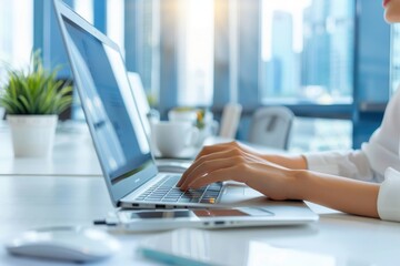 Fototapeta premium A person types on a laptop in a bright, modern office with city views and greenery, emphasizing productivity and a professional environment.
