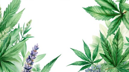 An artistic arrangement of cannabis leaves, herbs, and lavender flowers on a white background, symbolizing education and awareness for Marijuana Awareness Month.
