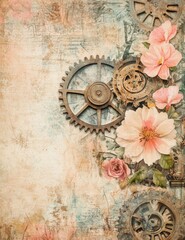Naklejka premium Vintage Gear with Flowers Distressed Paper l Romantic Watercolor Retro Print l Antique Aged Old Texture Page l Calm Floral Machine Background