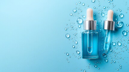 A clean and professional image showcasing various glass dropper bottles filled with clear skincare serums and subtle water droplets presented in a simple minimalist studio setup