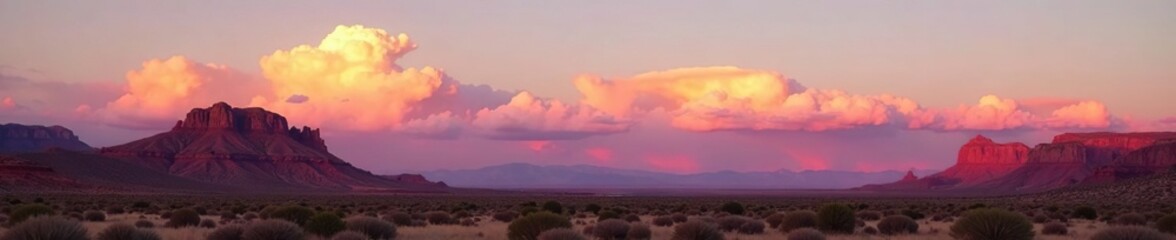 Obraz premium Softly glowing clouds in shades of orange and pink float above the arizona landscape, , nature photography