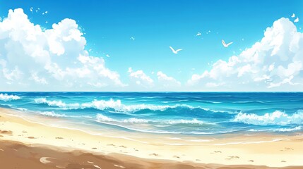 Tranquil beach scene with soft sand, calm sea, and clear blue sk