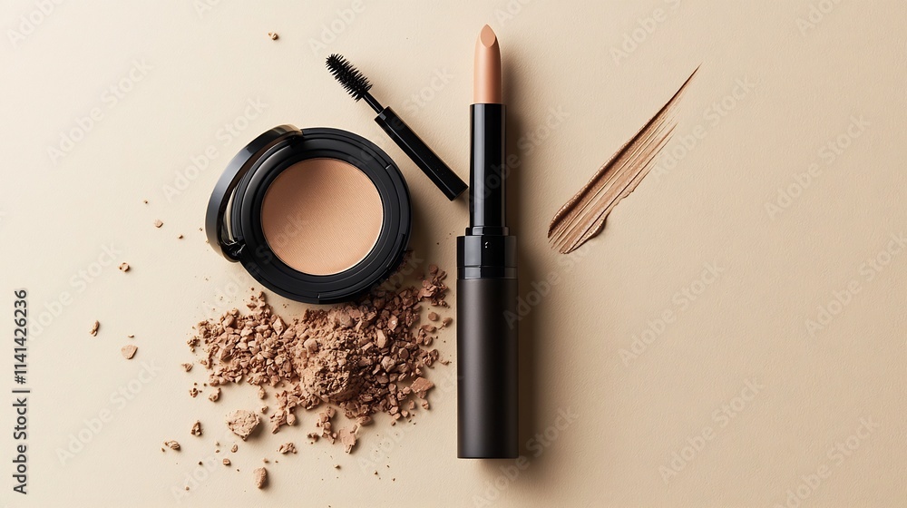 Poster visually balanced and displayed shot of a brow pencil and brow powder compact with drawn brow stroke