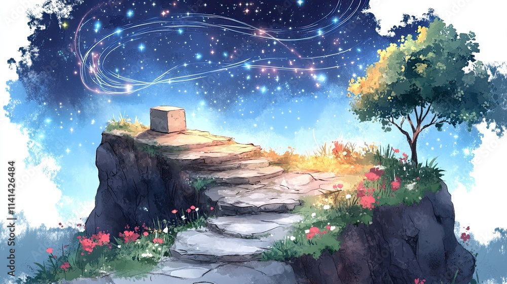 Poster a stone stairway leads to a mysterious cube on a clifftop with a glowing sky and tree behind it.