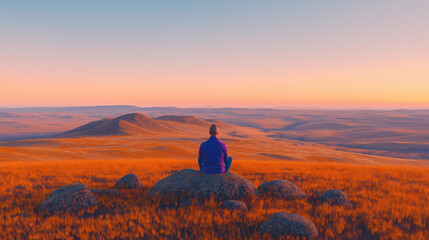 Obraz premium Solitude at Sunset: A solitary figure contemplates life's vastness, perched on a rocky outcrop overlooking a sprawling golden landscape bathed in the soft glow of a setting sun.