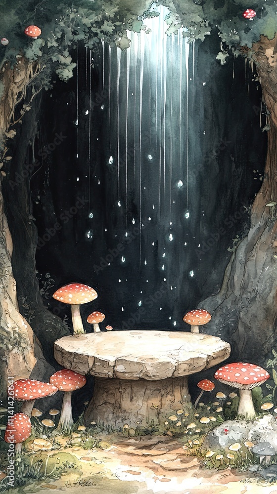 Poster a stone table with mushrooms sits in a forest clearing with a waterfall in the background.