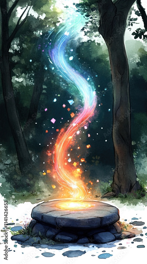 Poster a swirling beam of light emanating from a stone altar in a forest, surrounded by trees and glowing p