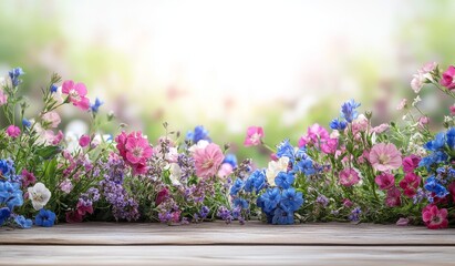 Vibrant wildflowers on rustic wood, blurred garden background.