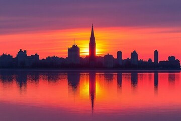 Obraz premium Sunset Over City Skyline with Reflections in Water