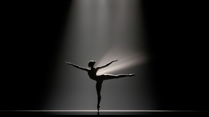 Ballet Silhouette in Spotlight: A single ballerina takes center stage, her silhouette illuminated by a powerful spotlight, showcasing both grace and strength.