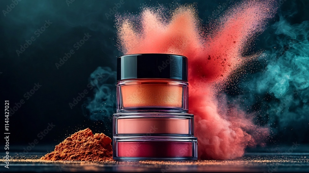 Poster a visually appealing composition showcasing a translucent loose powder container with dust particles