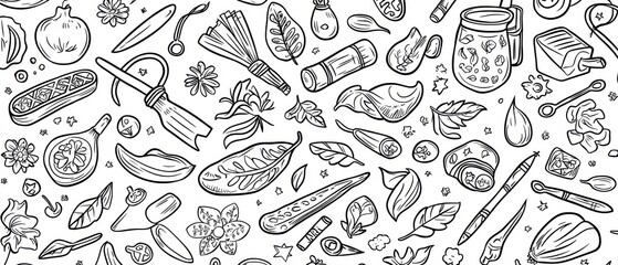 Hand-Drawn Seamless Pattern of Botanical and Art Supplies