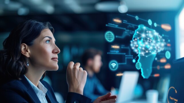 A professional woman contemplates data insights, with digital graphics illustrating connections and information flow around a representation of Africa.