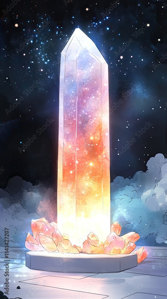 Poster a tall, glowing crystal with nebula-like patterns inside sits on a base of smaller crystals against 