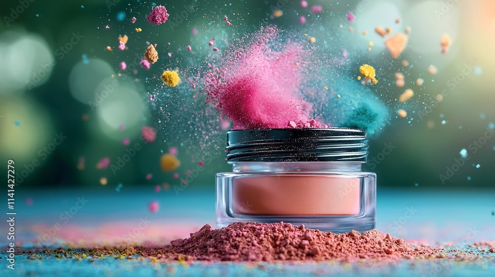 Poster a visually appealing and mesmerizing composition featuring a translucent loose powder container with