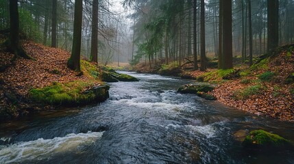 Misty Forest River: Serene Autumn Landscape