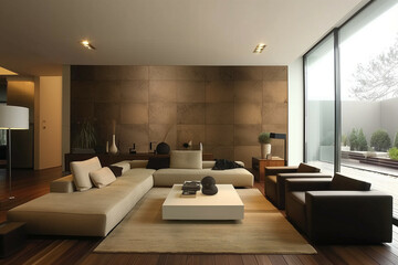 A minimalist living room featuring a large L-shaped couch, sleek decor, and a panoramic view of a serene garden through floor-to-ceiling windows