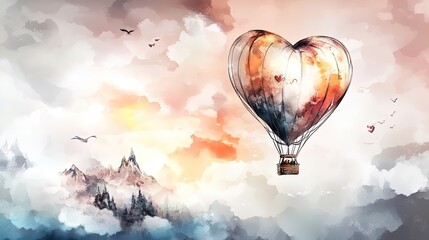 Obraz premium heart-shaped hot air balloon in a pink sunrise sky: perfect poster for romantic spaces or inspirational decor in your home or office