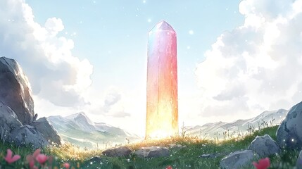 A tall, glowing, pink and orange crystal obelisk stands on a grassy field in front of mountains, with a bright, clear sky.